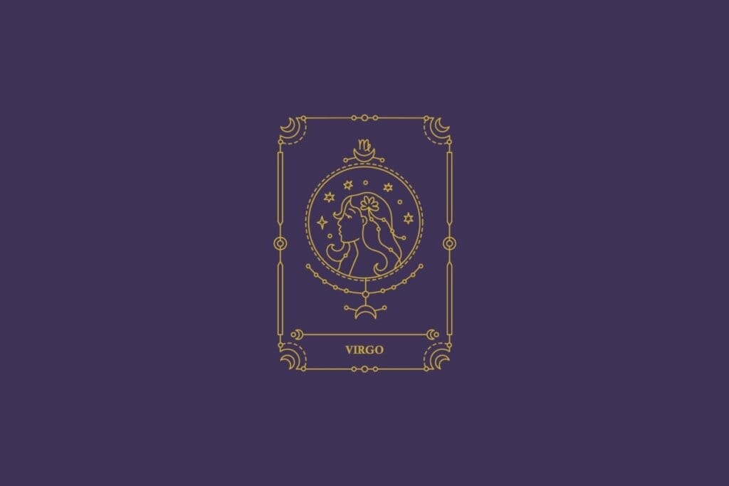 Ilustração do signo de virgem em dourado com detalhes na mesma cor ao redor. Fundo roxo-escuro
