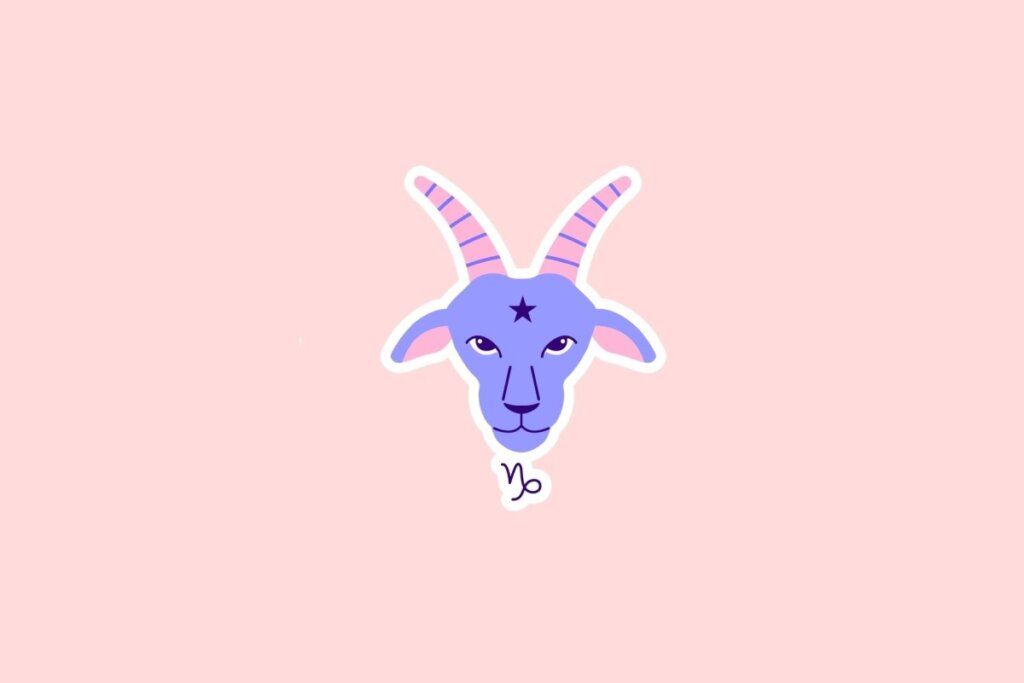 Ilustração de uma cabra lilás com chifres rosa e o símbolo de Capricórnio na testa, sobre fundo rosa-claro