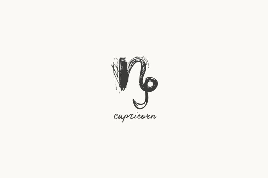 Ilustração do signo de Capricórnio, com um traço vertical curvo seguido de um espiral arredondado à direita, em fundo claro
