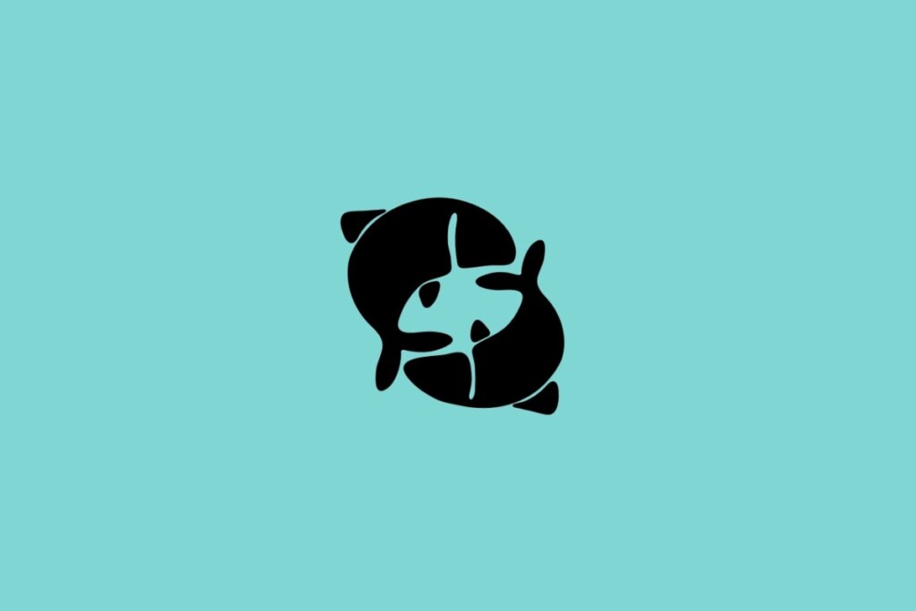 Ilustração do signo de Peixes com dois peixes nadando em círculos em fundo azul