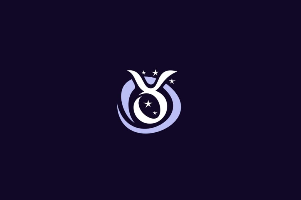 Ilustração do signo de Touro, com um símbolo curvo em formato de chifre circular, com estrelas, em fundo roxo-escuro