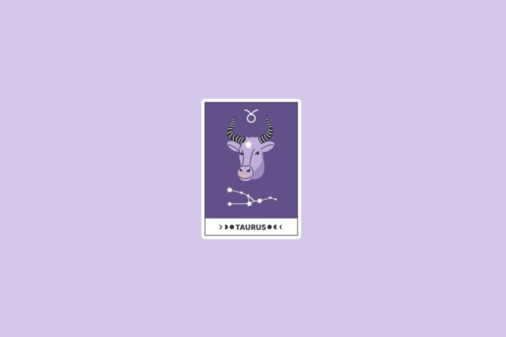 Ilustração do signo de Touro com a cabeça de um touro roxo, a constelação de Touro e o símbolo do signo no topo