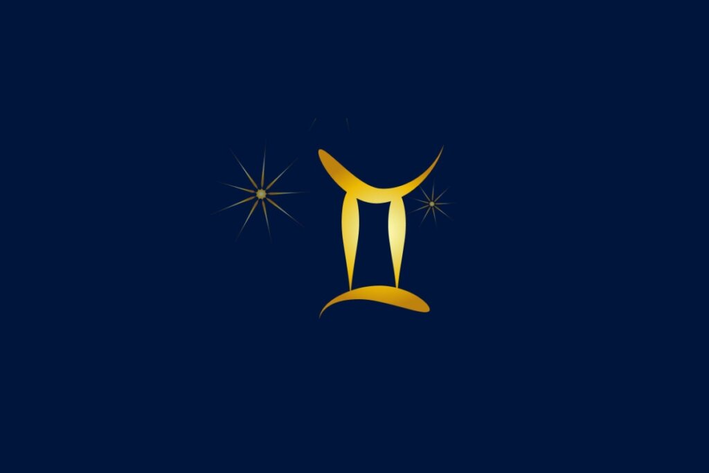 Ilustração do signo de Gêmeos, apresentando um símbolo dourado que lembra duas colunas paralelas unidas por traços curvos, com estrelas ao redor, em fundo azul-escuro