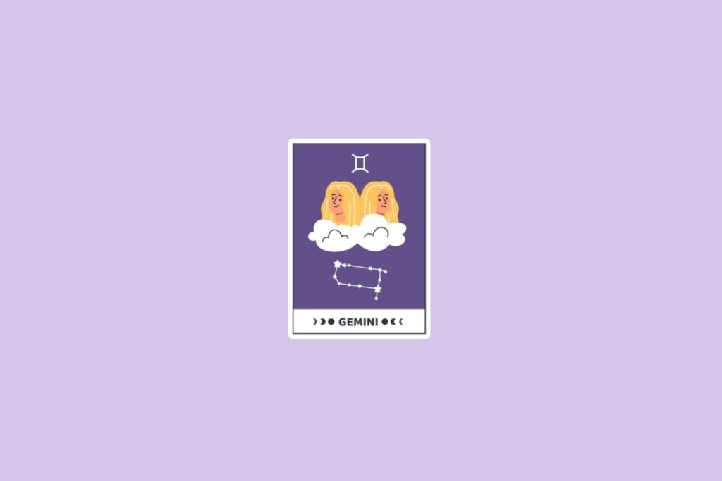 Ilustração do signo de Gêmeos com dois rostos femininos entre nuvens, a constelação de Gêmeos e o símbolo do signo no topo