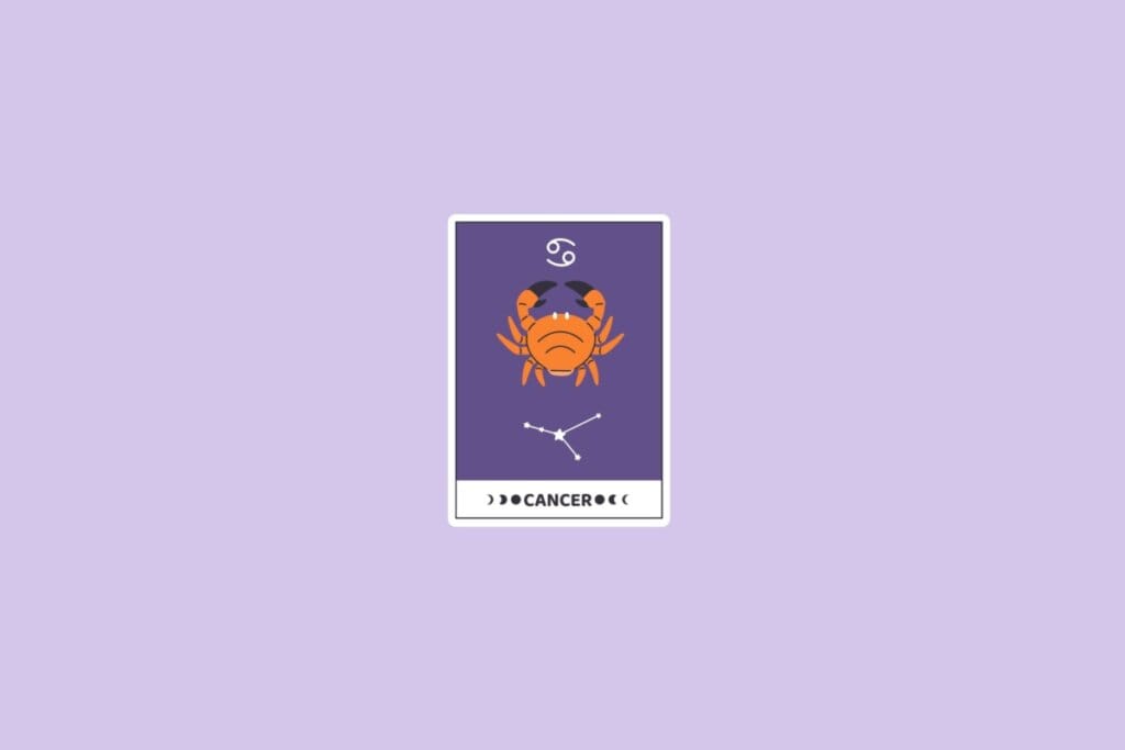Ilustração do signo de Câncer com um caranguejo laranja, a constelação de Câncer e o símbolo do signo no topo