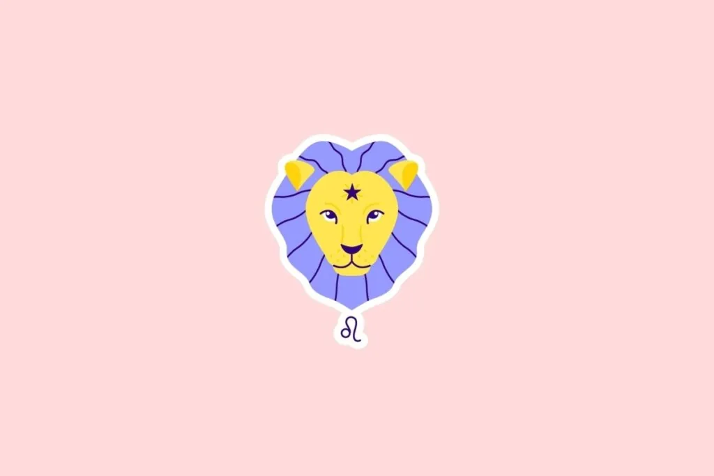 Ilustração do rosto de um leão amarelo com juba roxa e o símbolo de Leão abaixo, sobre fundo rosa-claro