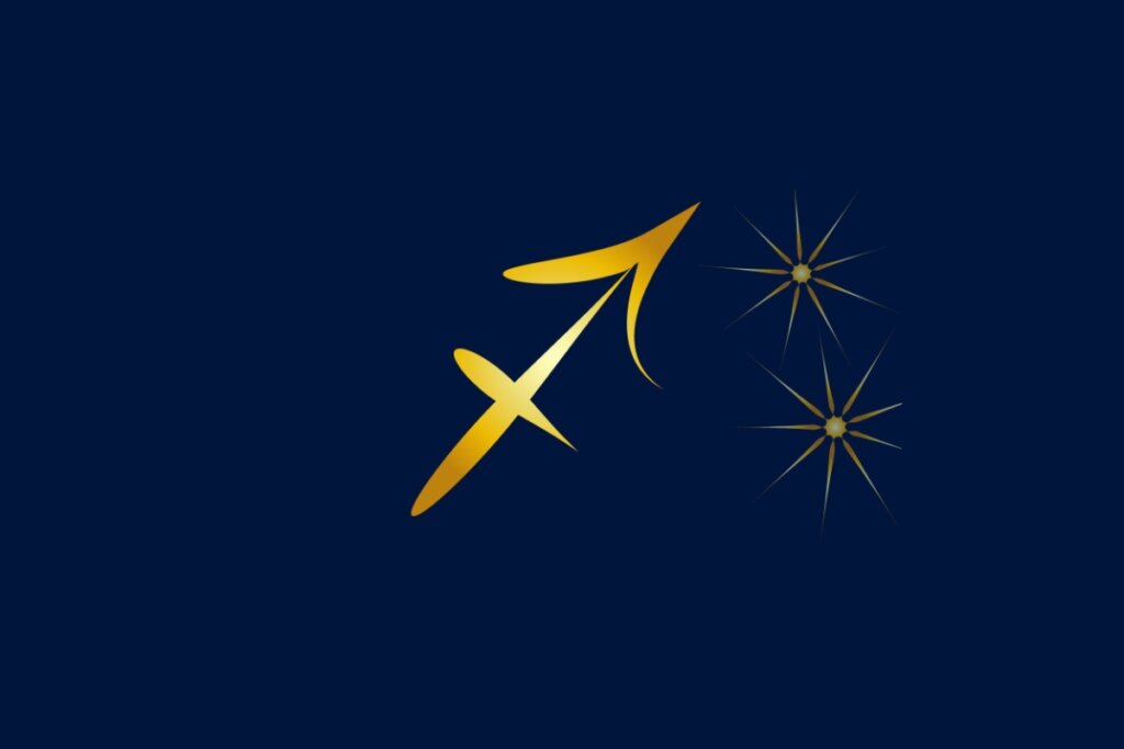 Ilustração do signo de Sagitário, apresentando um símbolo dourado em forma de seta inclinada, acompanhado de estrelas cintilantes, em fundo azul-escuro