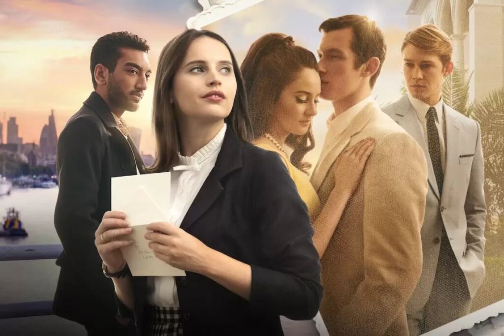 Capa do filme "A Última Carta de Amor" com uma mulher segurando um papel e ao fundo um casal abraçado e um homem