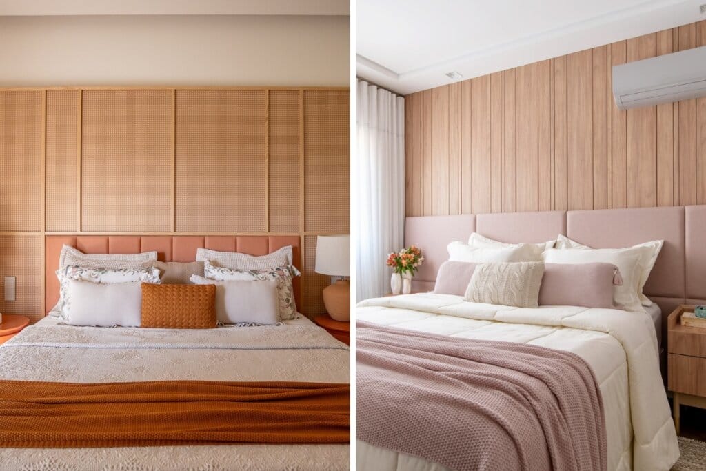 Foto colagem com a imagem de dois dormitórios com endredons na cor marrom e rosa-claro na cama