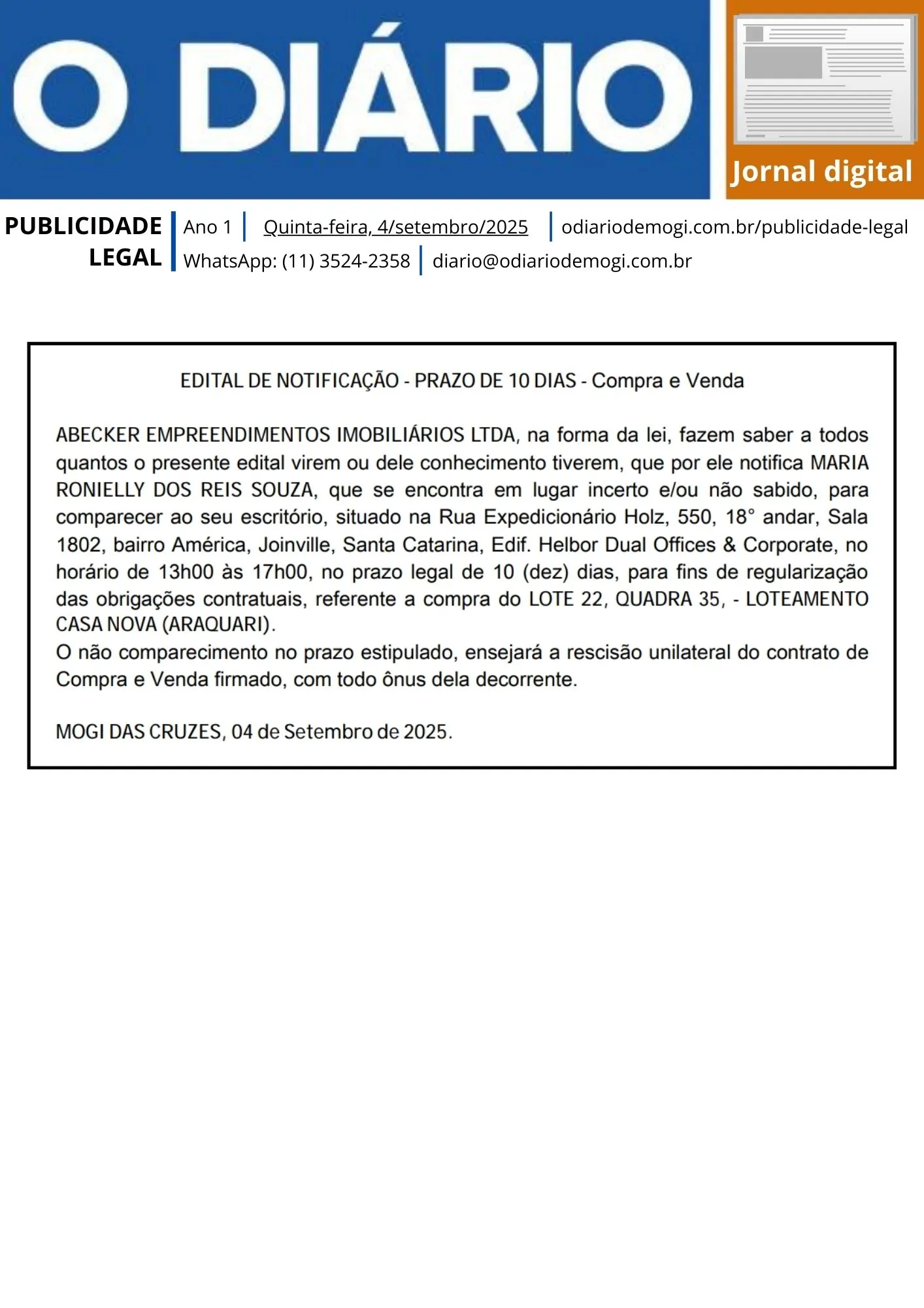 Quinta-feira, 4 de setembro de 2025