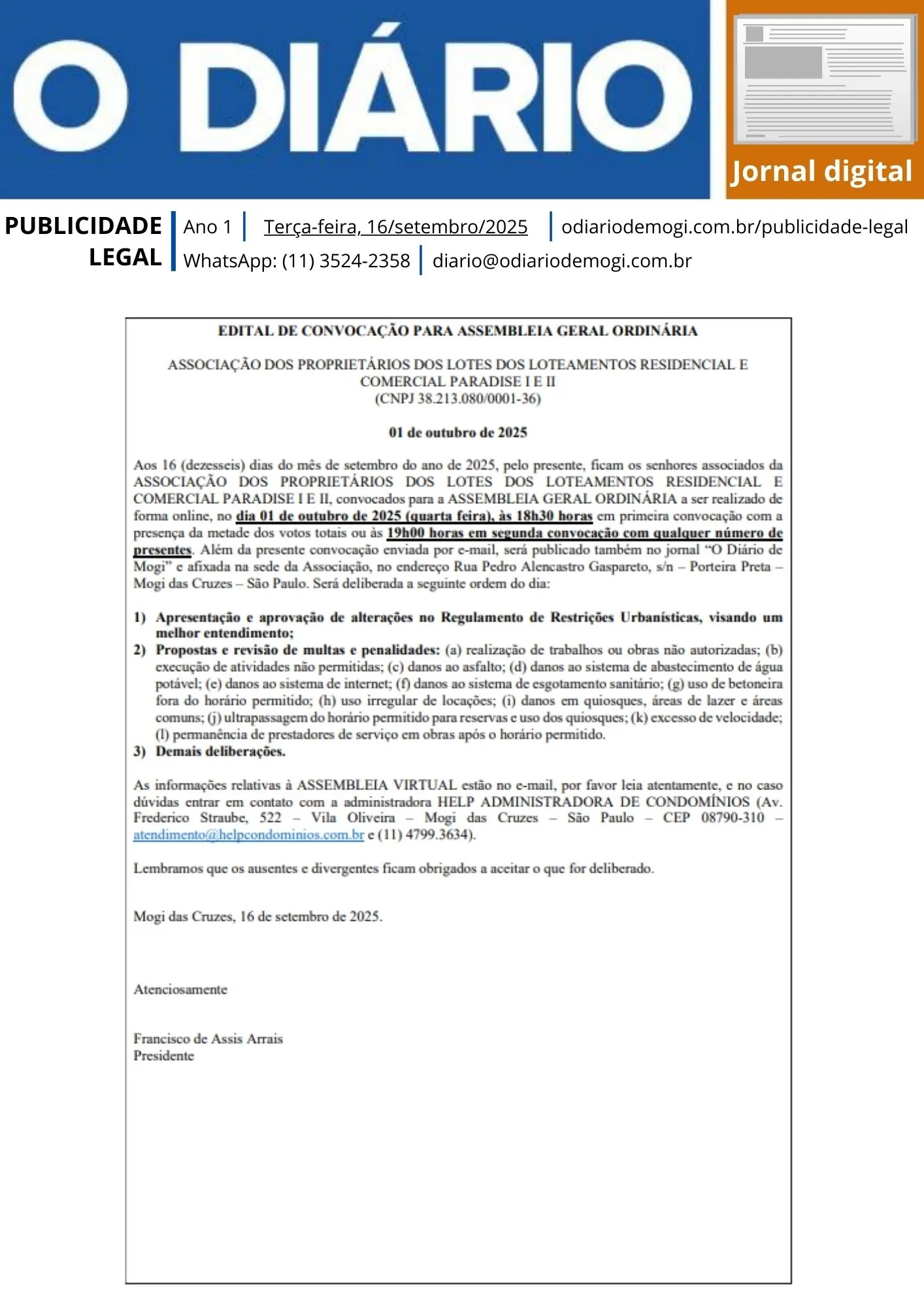 Terça-feira, 16 de setembro de 2025