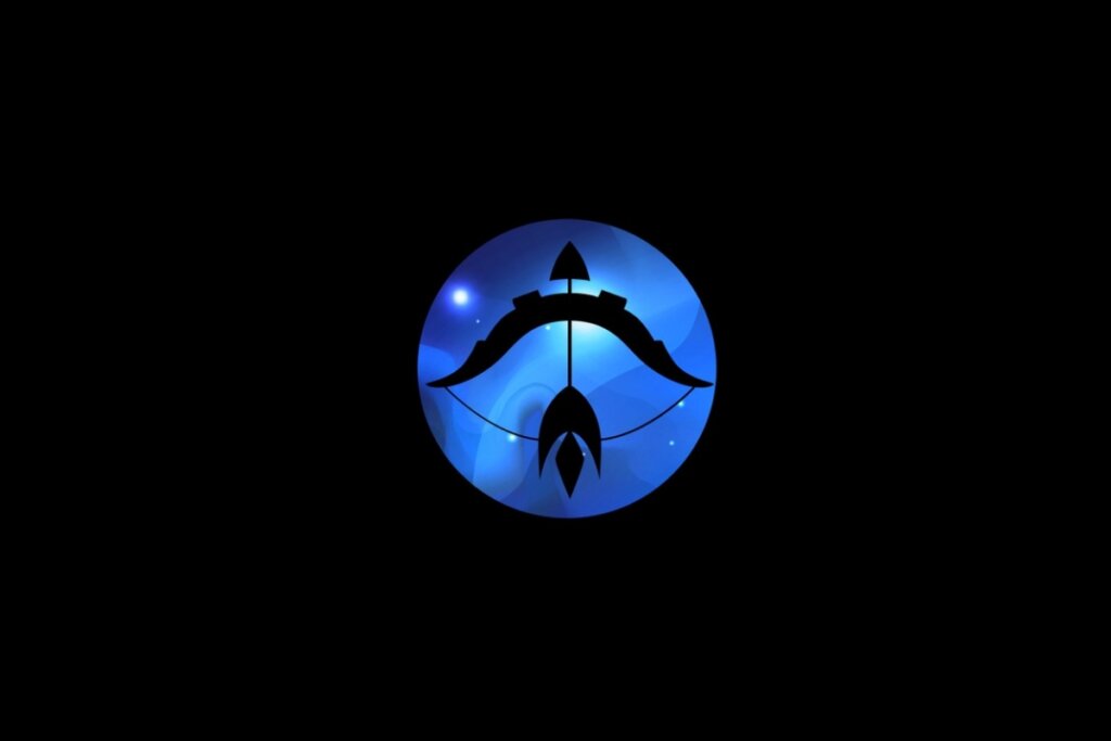 Ilustração do signo de sagitário em um círculo azul em fundo preto