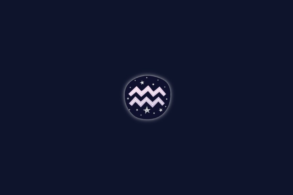 Símbolo do signo de aquário na cor branca centralizado sobre um fundo azul-escuro com pequenas estrelas brancas ao redor
