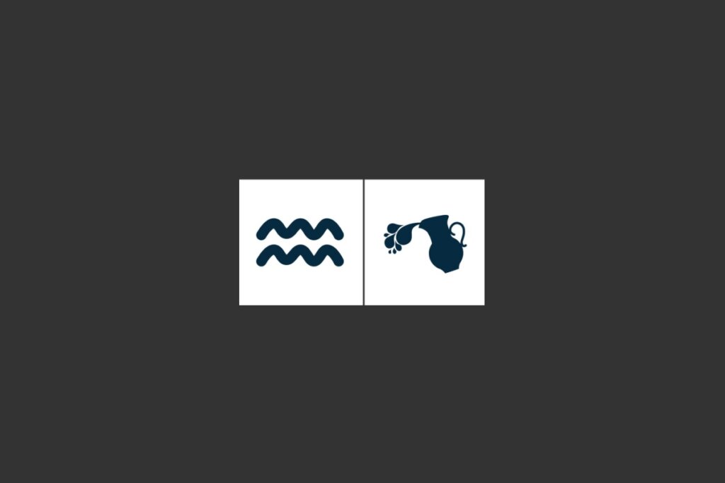 dois quadrados brancos com dois símbolos em azul que representam o signo de aquário sobre fundo cinza-escuro