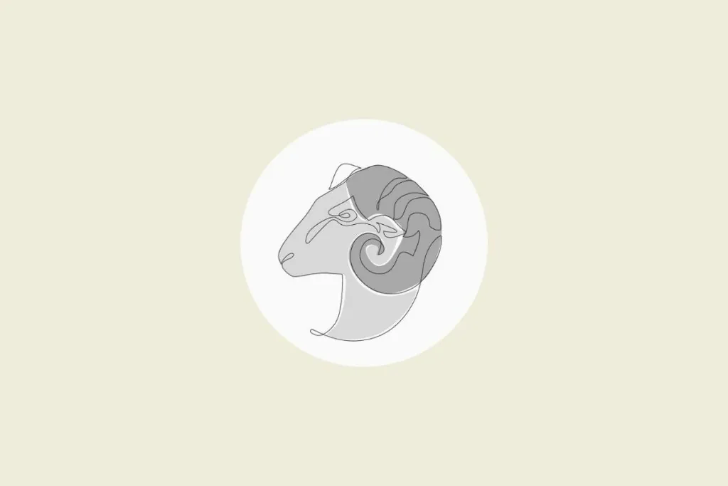Ilustração do signo de áries em preto e branco, dentro de um círculo, sobre um fundo bege-claro