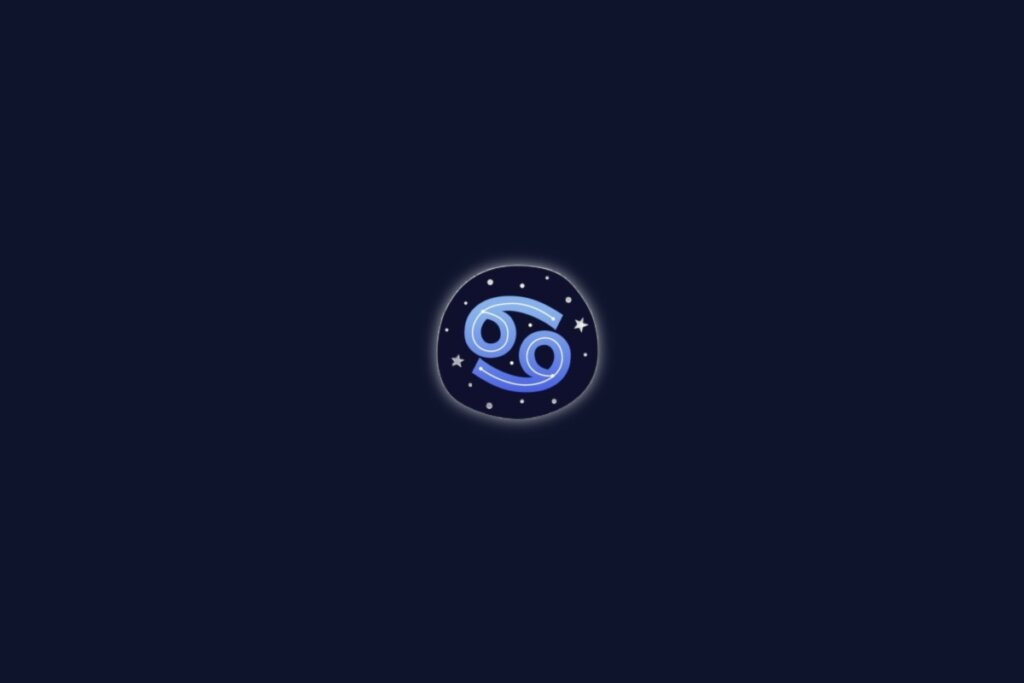 Símbolo do signo de câncer na cor azul centralizado sobre um fundo azul-escuro com pequenas estrelas brancas ao redor