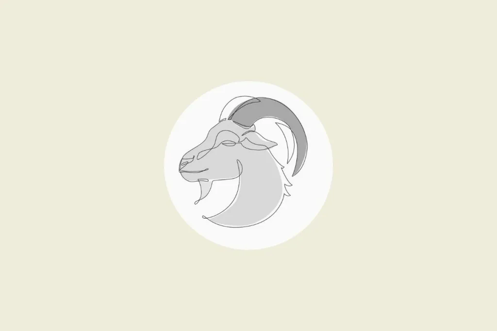 Ilustração do signo de capricórnio em preto e branco, dentro de um círculo, sobre um fundo bege-claro