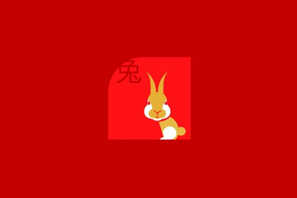 Ilustração do signo de Coelho, contendo um coelho amarelo com rosto branco e orelhas eretas, em fundo vermelho