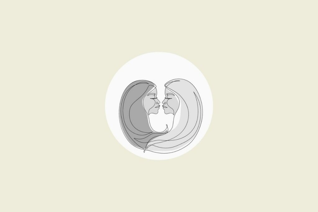 Ilustração do signo de gêmeos em preto e branco, dentro de um círculo, sobre um fundo bege-claro