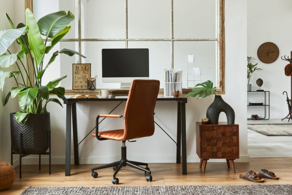 Escritório em casa com mesa de ferro preta, com monitor e caixas organizadoras em cima e cadeira marrom e itens de decoração ao lado e um vaso de planta