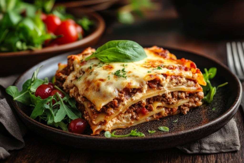 Lasanha à bolonhesa com molho branco servida com salada e em prato fundo de cerâmica preto em cima de mesa de madeira