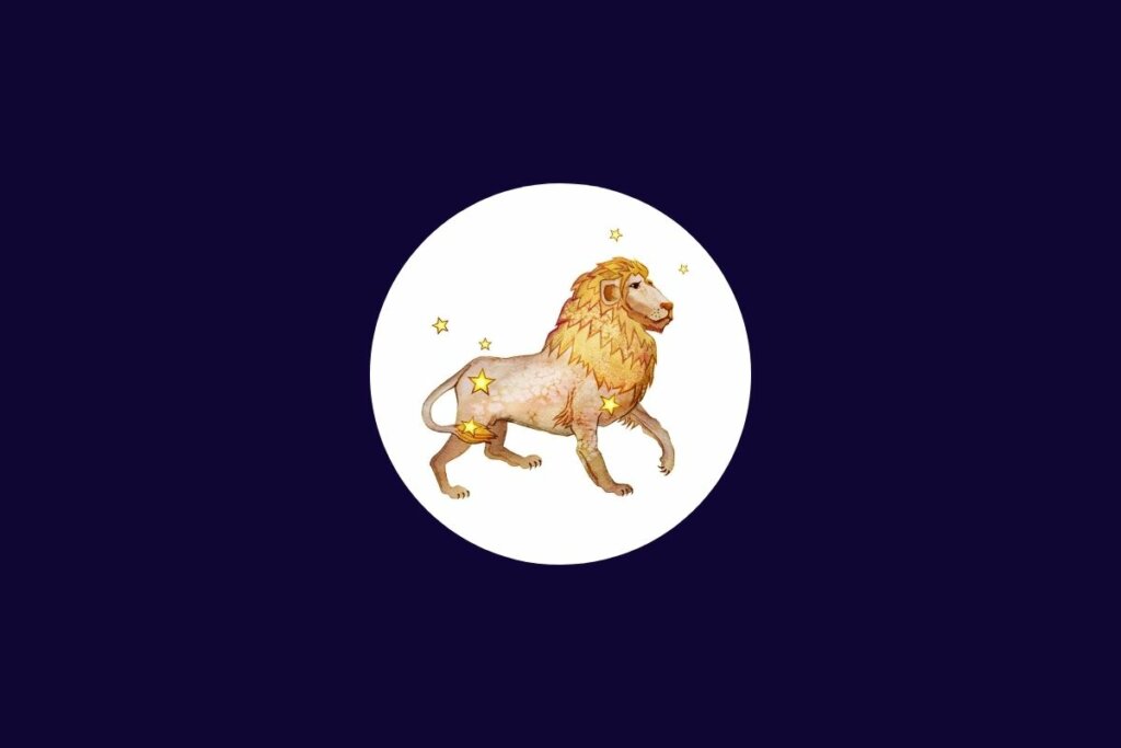 Ilustração do signo de leão em um círculo branco sobre um fundo azul-escuro