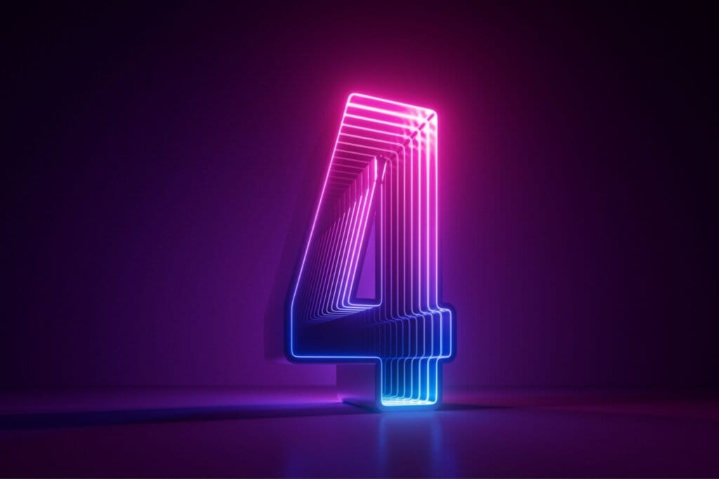 Ilustração do número quatro rosa e azul em um fundo preto