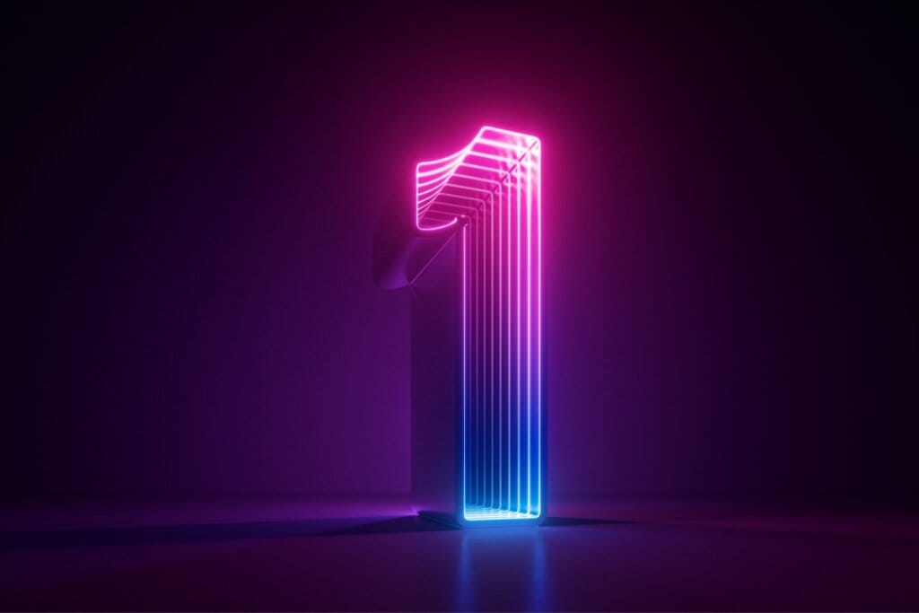 Ilustração do número um em rosa e azul em um fundo preto 