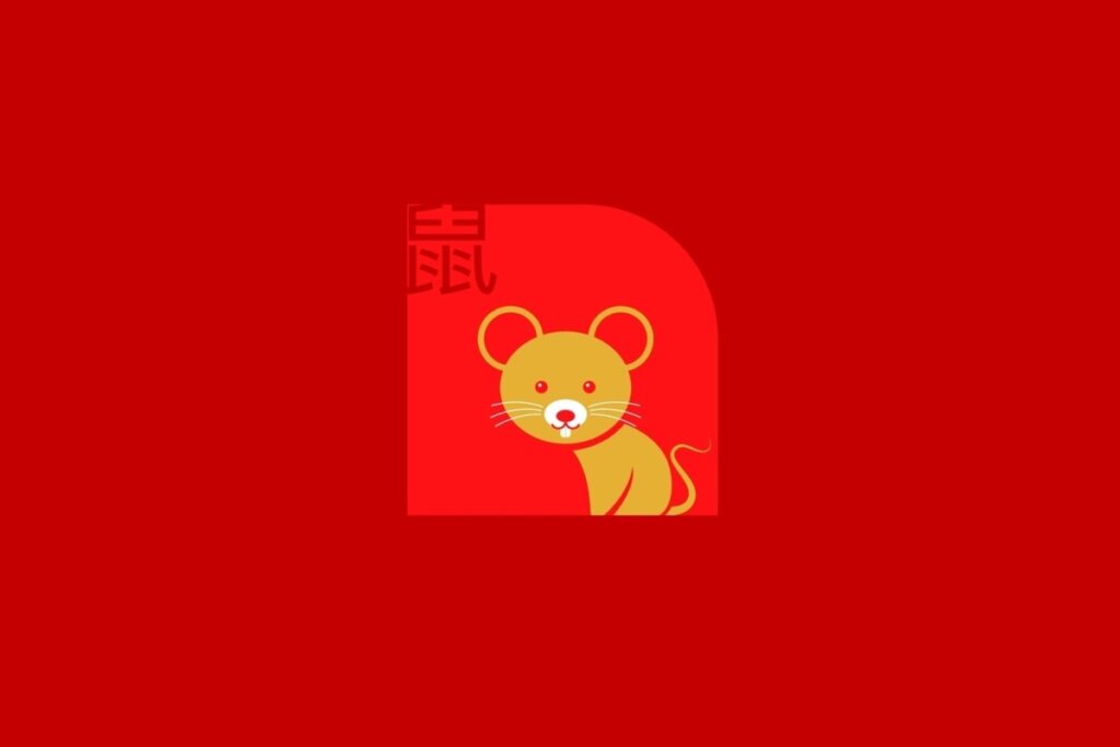 Ilustração do signo de Rato, contendo um rato dourado com bigodes brancos e cauda fina, em fundo vermelho