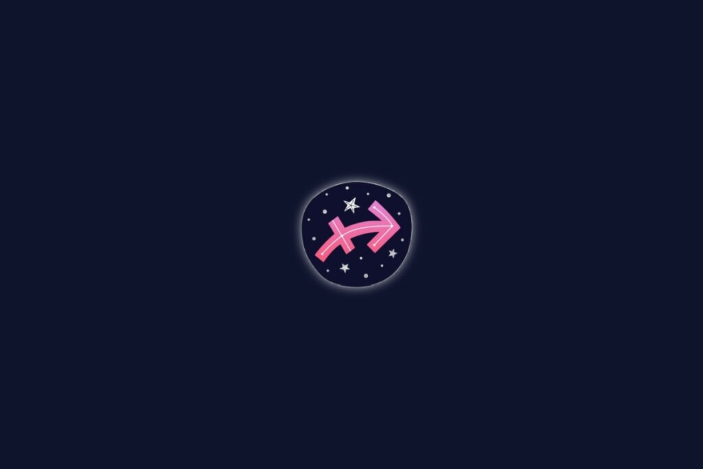 Símbolo do signo de sagitário na cor rosa centralizado sobre um fundo azul-escuro com pequenas estrelas brancas ao redor