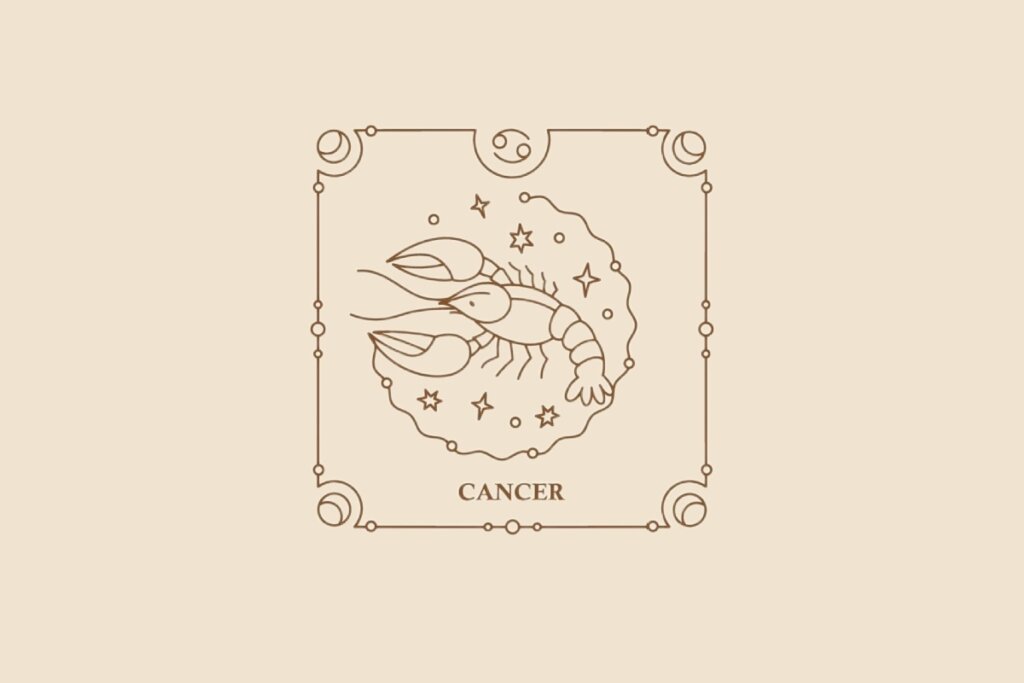 Ilustração do signo de Câncer, com um caranguejo de pinças abertas envolto por pequenas estrelas, em fundo bege