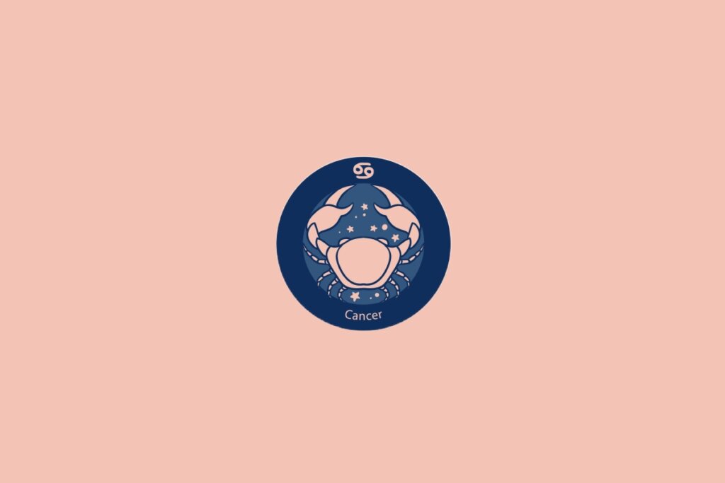 Ilustração do signo de Câncer com um caranguejo rodeado por estrelas em fundo azul e rosa