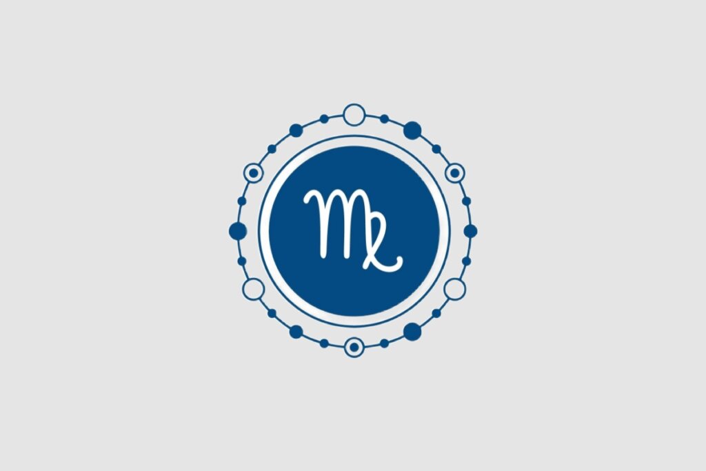 Ilustração do signo de Virgem, com símbolo branco semelhante a um "M" com uma curva final, centralizado em um fundo azul-escuro com enfeites circulares