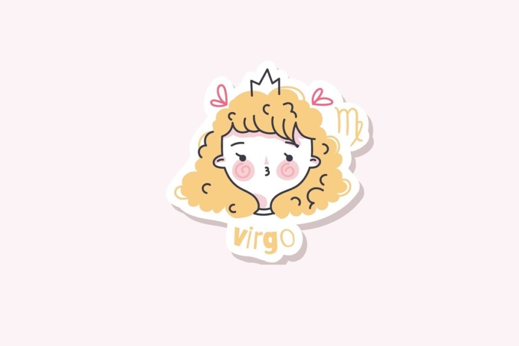 Ilustração do signo de Virgem, contendo uma criança de cabelos loiros cacheados com coroa e corações rosados acima da cabeça, em fundo rosa-claro