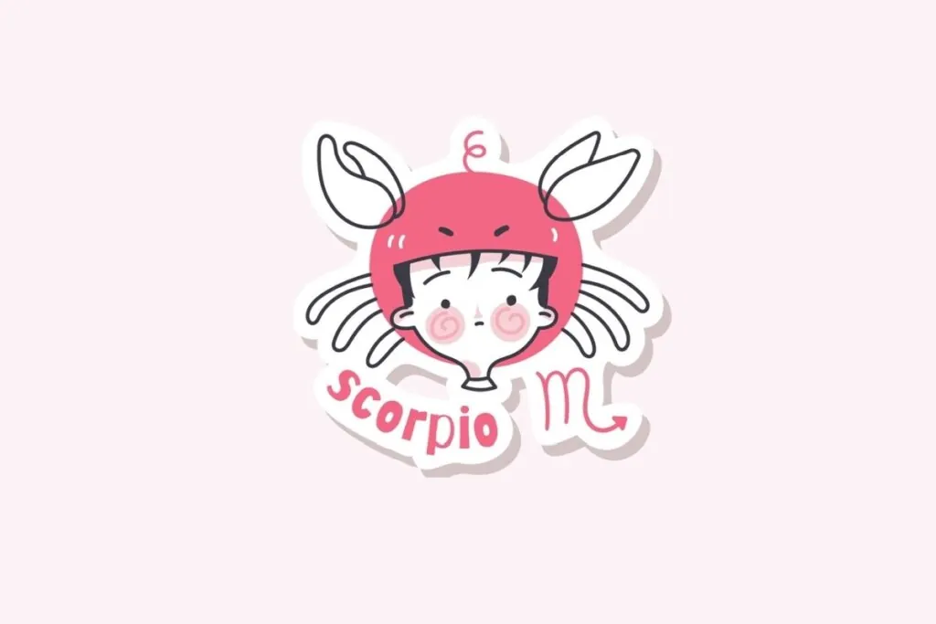 Ilustração do signo de Escorpião, contendo uma criança com chapéu vermelho e pinças de escorpião, em fundo rosa-claro