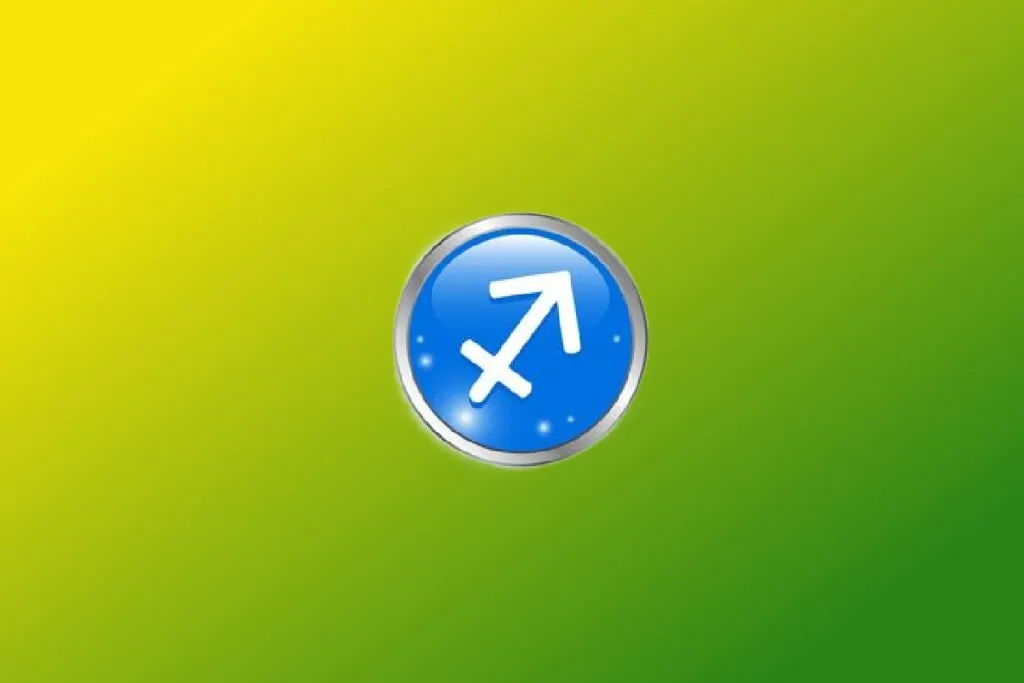 Ilustração do signo de Sagitário com seta branca apontando para cima em círculo azul com borda prateada sobre fundo verde e amarelo