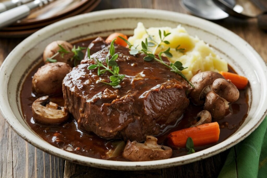 Prato com carne bovina, cogumelos, cenouras e purê de batatas servido com molho escuro