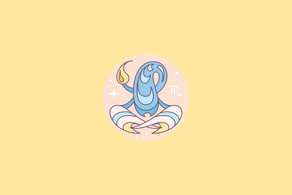 Ilustração do signo de Escorpião em um círculo em cima de um fundo laranja