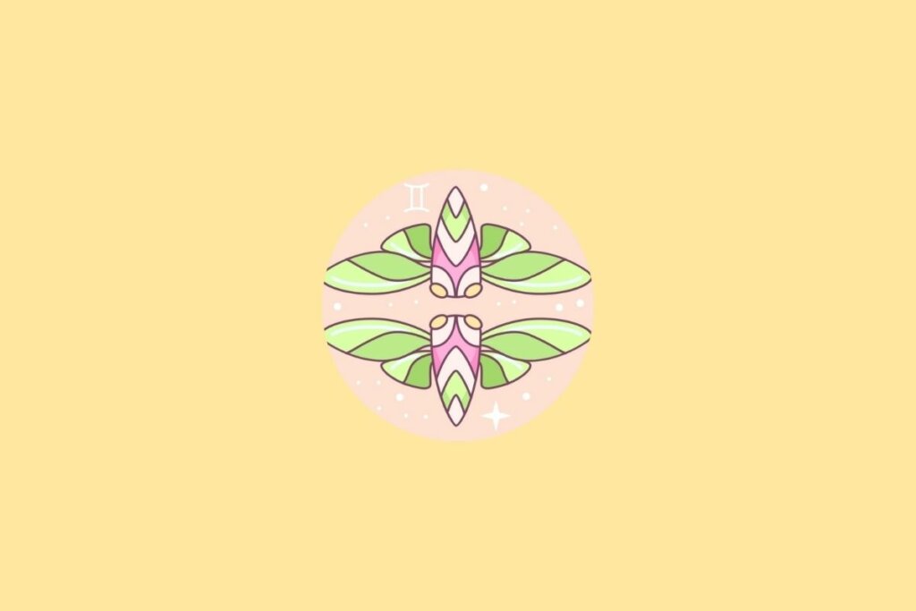 Ilustração do signo de Gêmeos em um círculo em cima de um fundo laranja