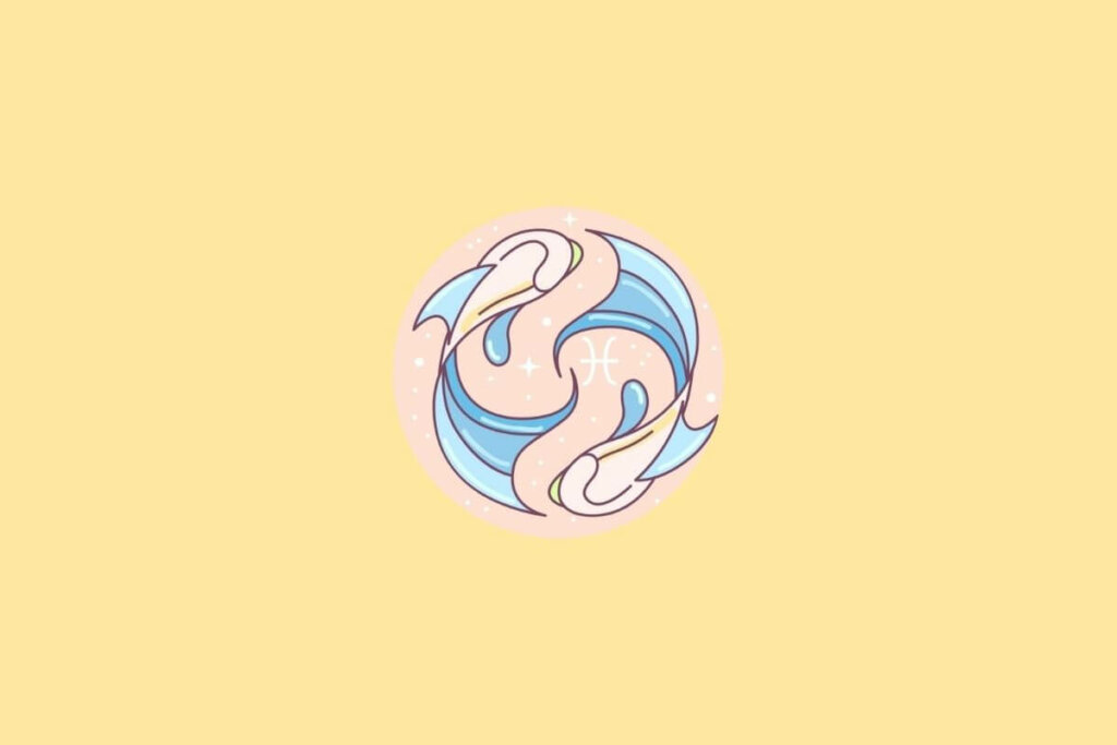 Ilustração do signo de Peixes em um círculo em cima de um fundo laranja