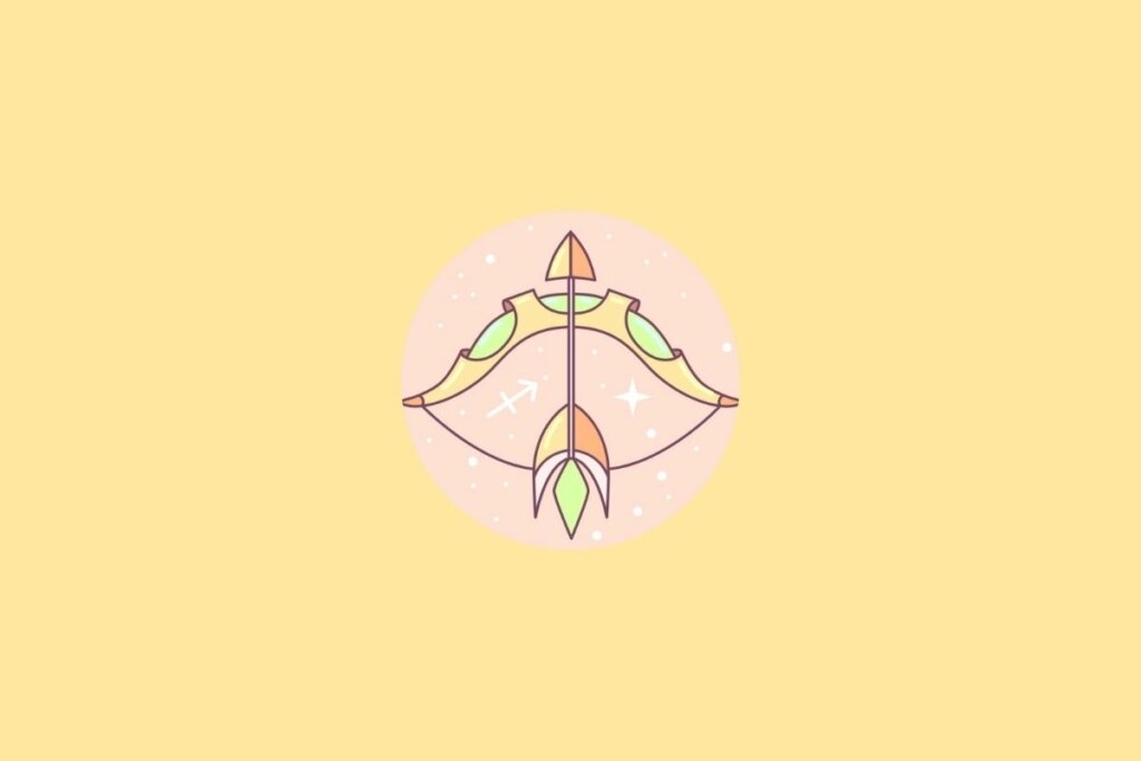 Ilustração do signo de Sagitário em um círculo em cima de um fundo laranja