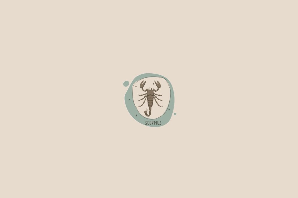 Ilustração do signo de escorpião em um fundo bege-claro. Ao redor dele, há um círculo verde-claro e pequenas bolhas