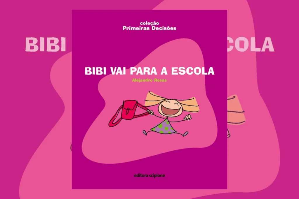 Capa de livro com título e nome do autor e ilustração de uma menina loira usando vestido estampado e com uma mochila na mão vermelha em fundo rosa