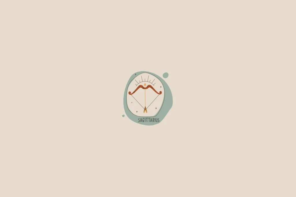 Ilustração do signo de sagitário em um fundo bege-claro. Ao redor dele, há um círculo verde-claro e pequenas bolhas