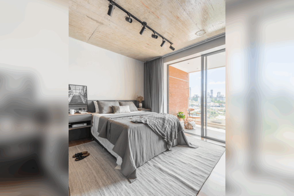 Quarto com cama de casal e janela ampla do teto ao chão de vidro e decorado todo em cinza, com o tapete, roupas de cama e móveis na cor cinza