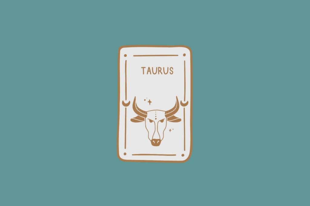 Ilustração do signo de Touro, em fundo verde-azulado, contendo a cabeça de um touro marrom com chifres curvados para cima