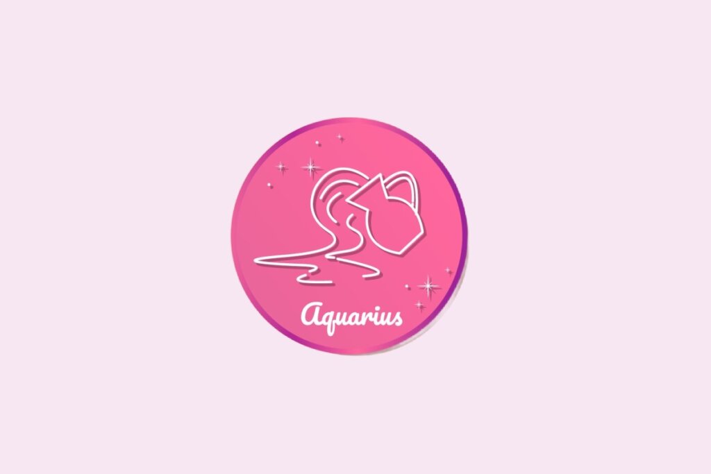 Ilustração do signo de Aquário, em fundo rosa claro, contendo o símbolo de uma jarra despejando água