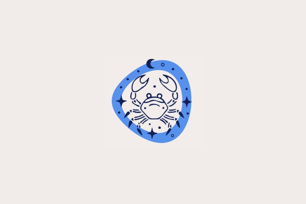 Ilustração do signo de Câncer, em fundo bege-claro, contendo um caranguejo estilizado dentro de uma moldura azul com estrelas