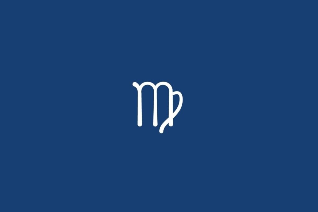 Ilustração do signo de Virgem, em fundo azul-escuro, contendo um “M” curvado com a perna final enrolando-se para dentro, formando um laço fechado