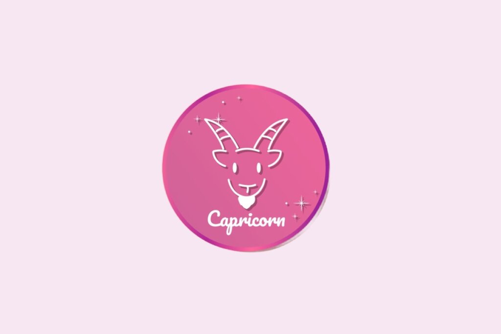 Ilustração do signo de Capricórnio, em fundo rosa claro, contendo o símbolo de uma cabra